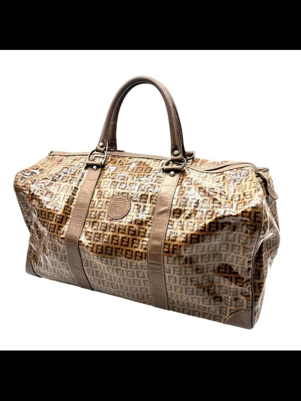 Fendi Beige Brown Zucca Coated Canvas Duffle Bag